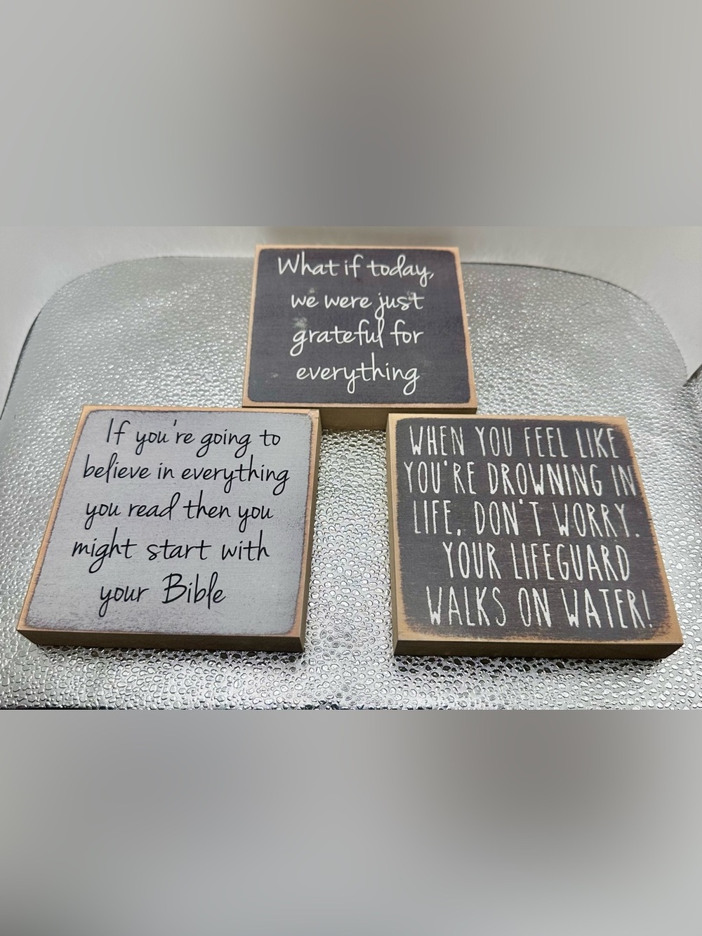 Set of 3 Rustic Inspirational Wood Signs - Charcoal & Light Gray 5” x 5” - Picture 2 of 6